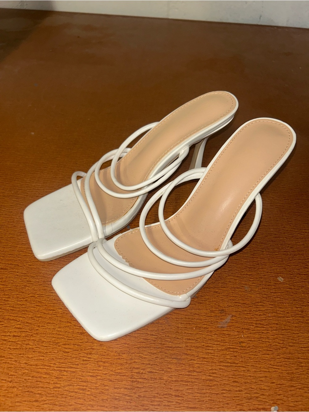 Women’s White Strappy Square-Toe Slide Heels